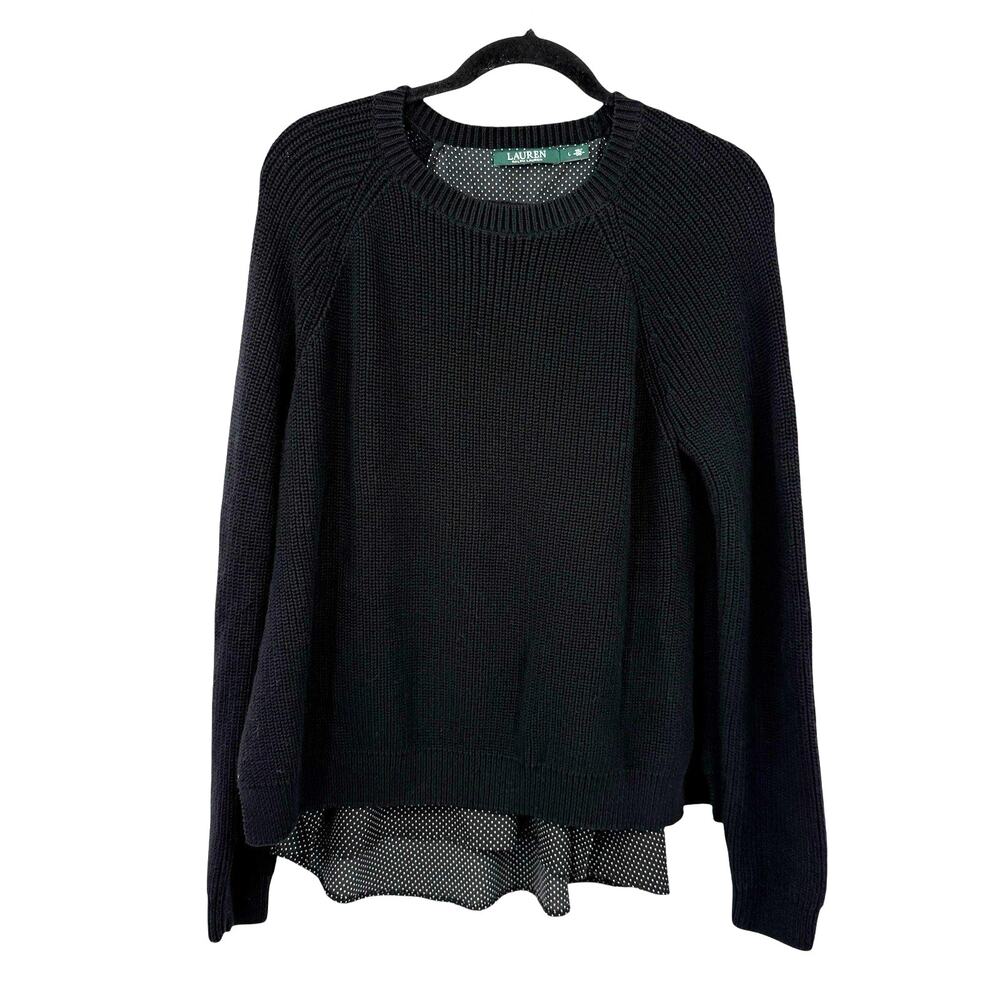 Lauren Ralph Lauren Ribbed Knit Sweater Large Black Shirt Tail Hem Pullover